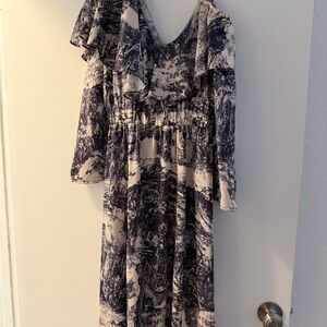 Elegant Blue and Cream Ruffle Dress